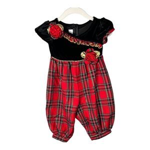 Bonnie Baby Baby Girl Sz 6-9M Romper Holiday Red Plaid Velvet‎ Party